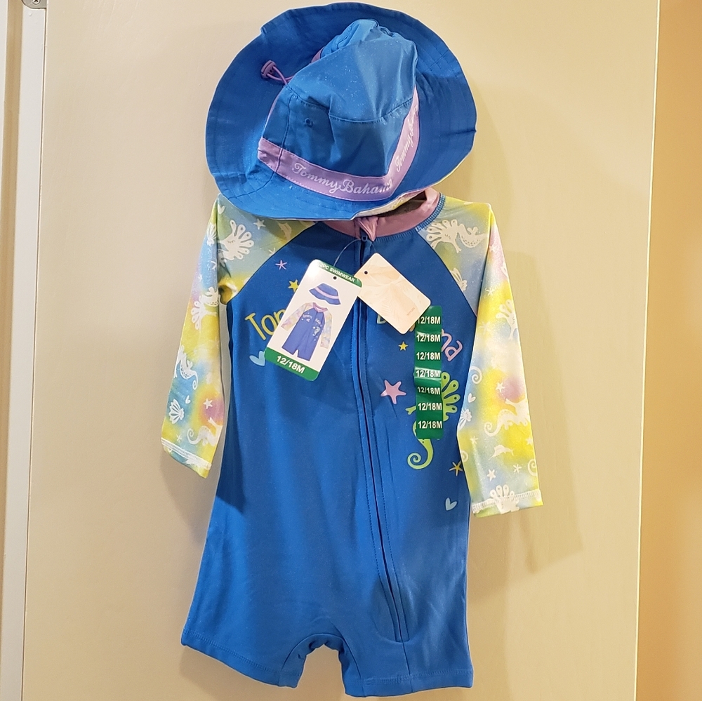 NWT Tommy Bahama Baby Blue Seahorse Swim Set w/ Long-sleeved one-piece & Sun Hat